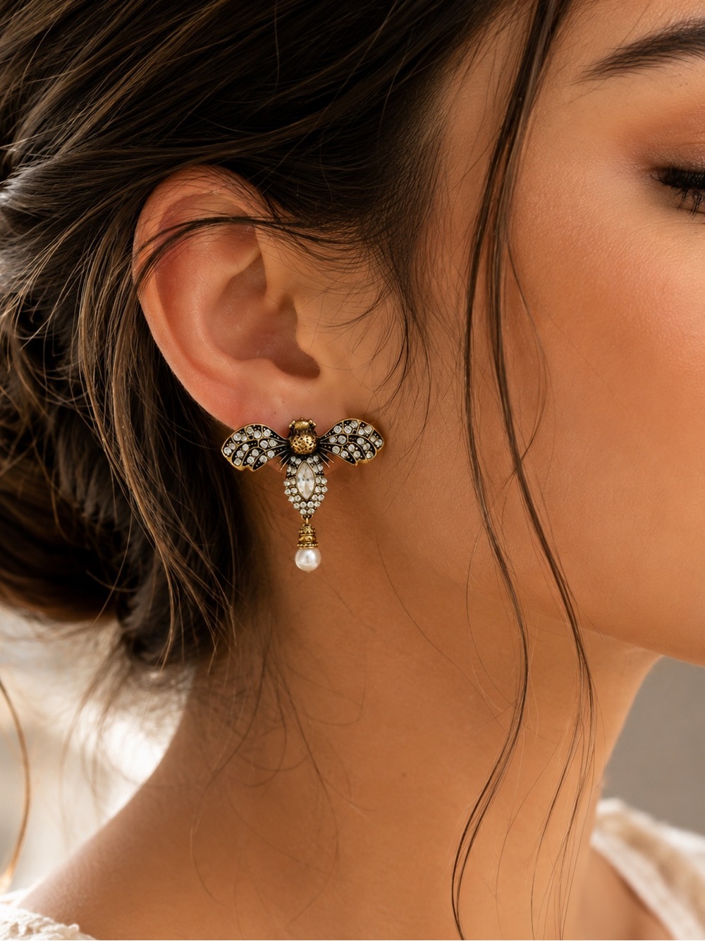 Crystal Gold and Pearl Bee Drop Earrings women’s jewelry